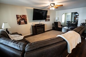 Smart TV, video library, stereo, computer monitors