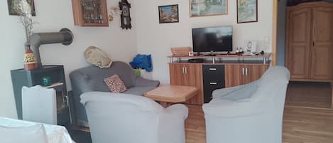 Smart TV, chimenea, reproductor de DVD y libros