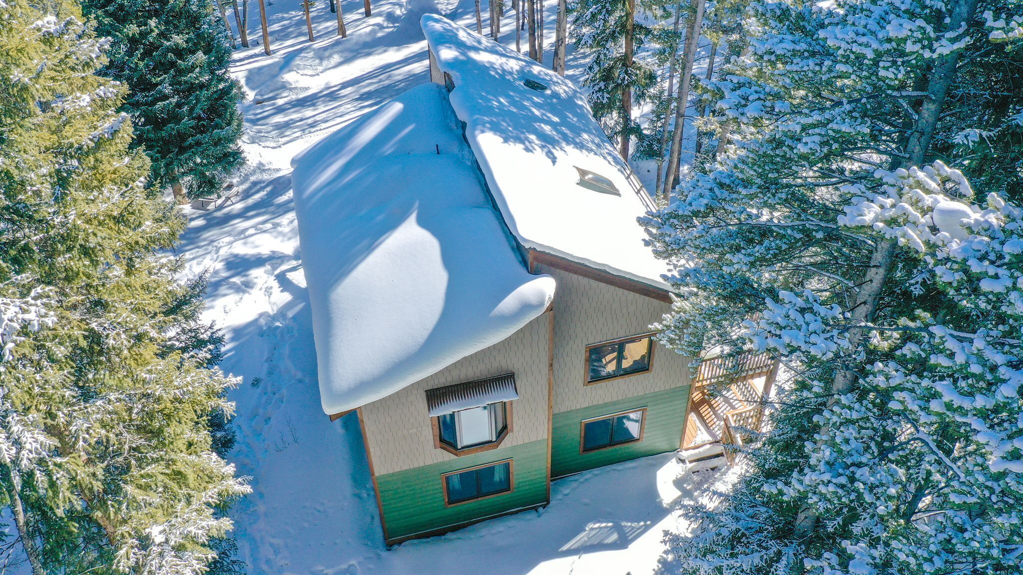 A two-story house with a snow-covered roof and a green front door, surrounded by snow-covered trees.