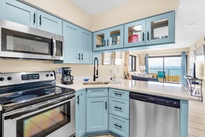Fridge, microwave, oven, stovetop - Sundunes 111 🌴 Relaxing Gulf-Front Getaway | Corner Condo w/ Pool + Views (Navarre)