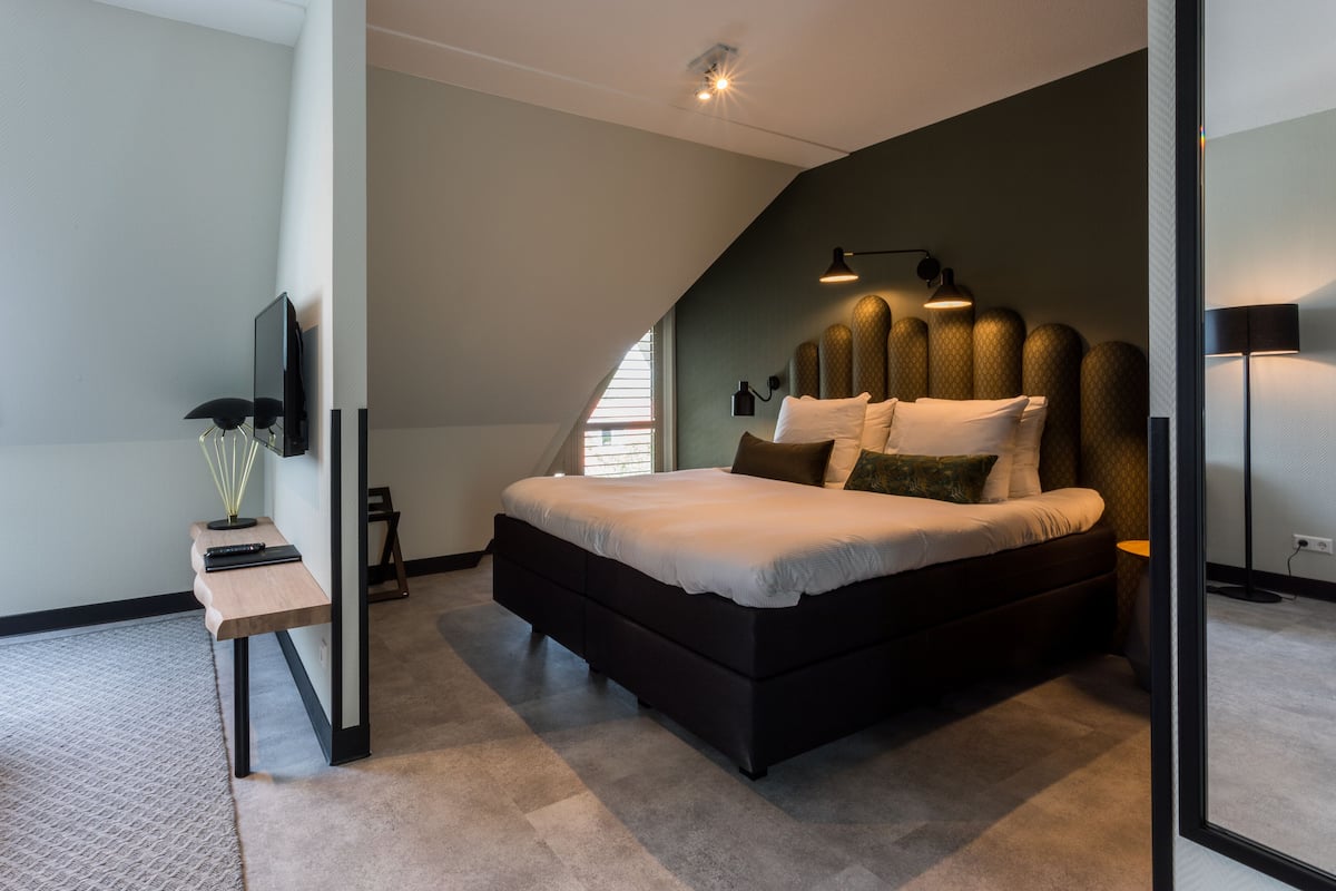 Una camera da letto moderna con un letto grande, una scrivania con un computer e una TV.