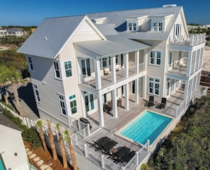 A multi-story house with a large balcony and a swimming pool. - 30A Stunner! Gulf Views, Private Pool, Beach & Golf Cart | Fall Now Booking! (Santa Rosa Beach)