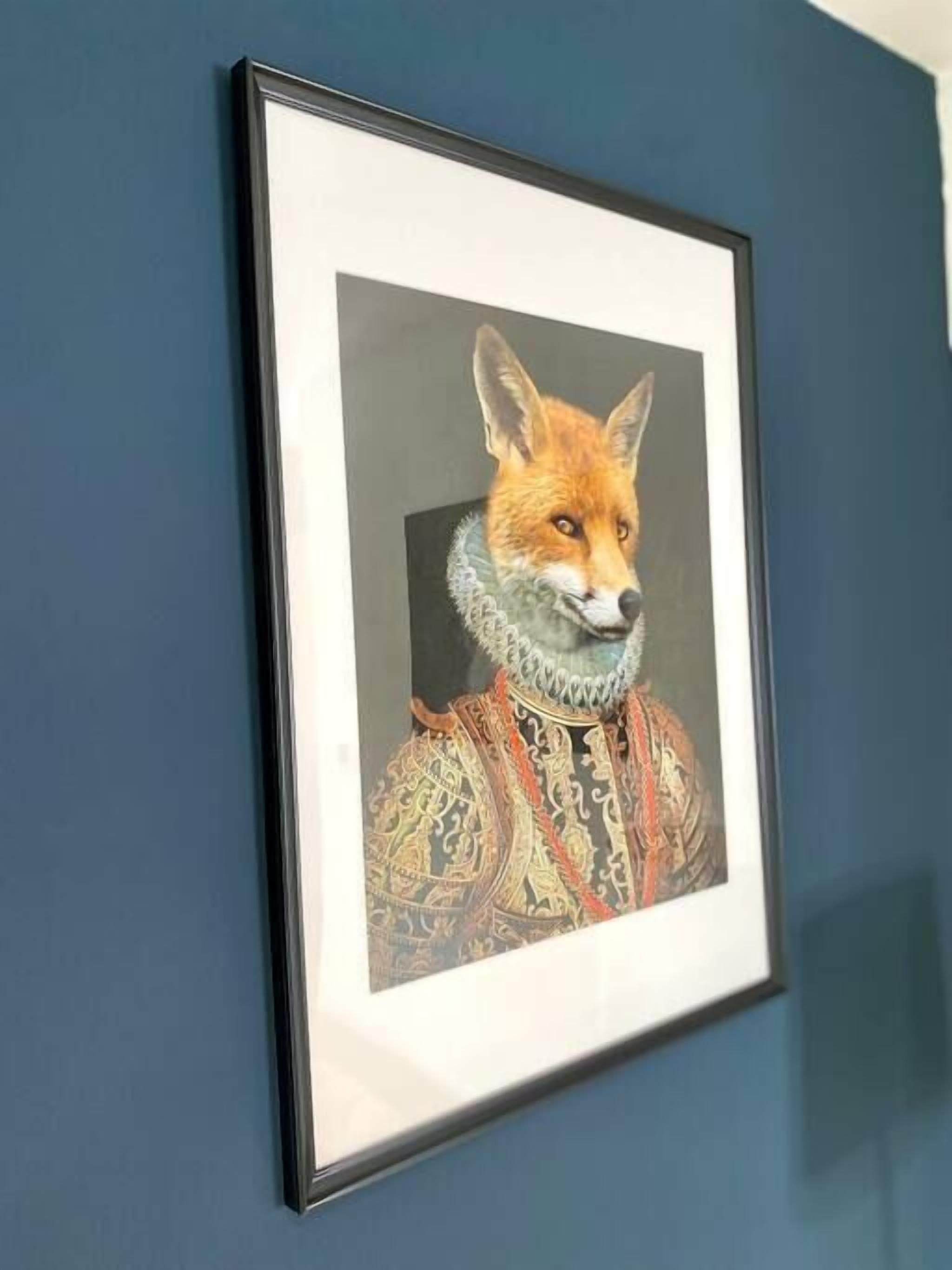 A framed artwork of a fox in a detailed costume.