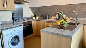 Una cocina funcional con lavadora, un lavamanos lleno de frutas y una estufa.
