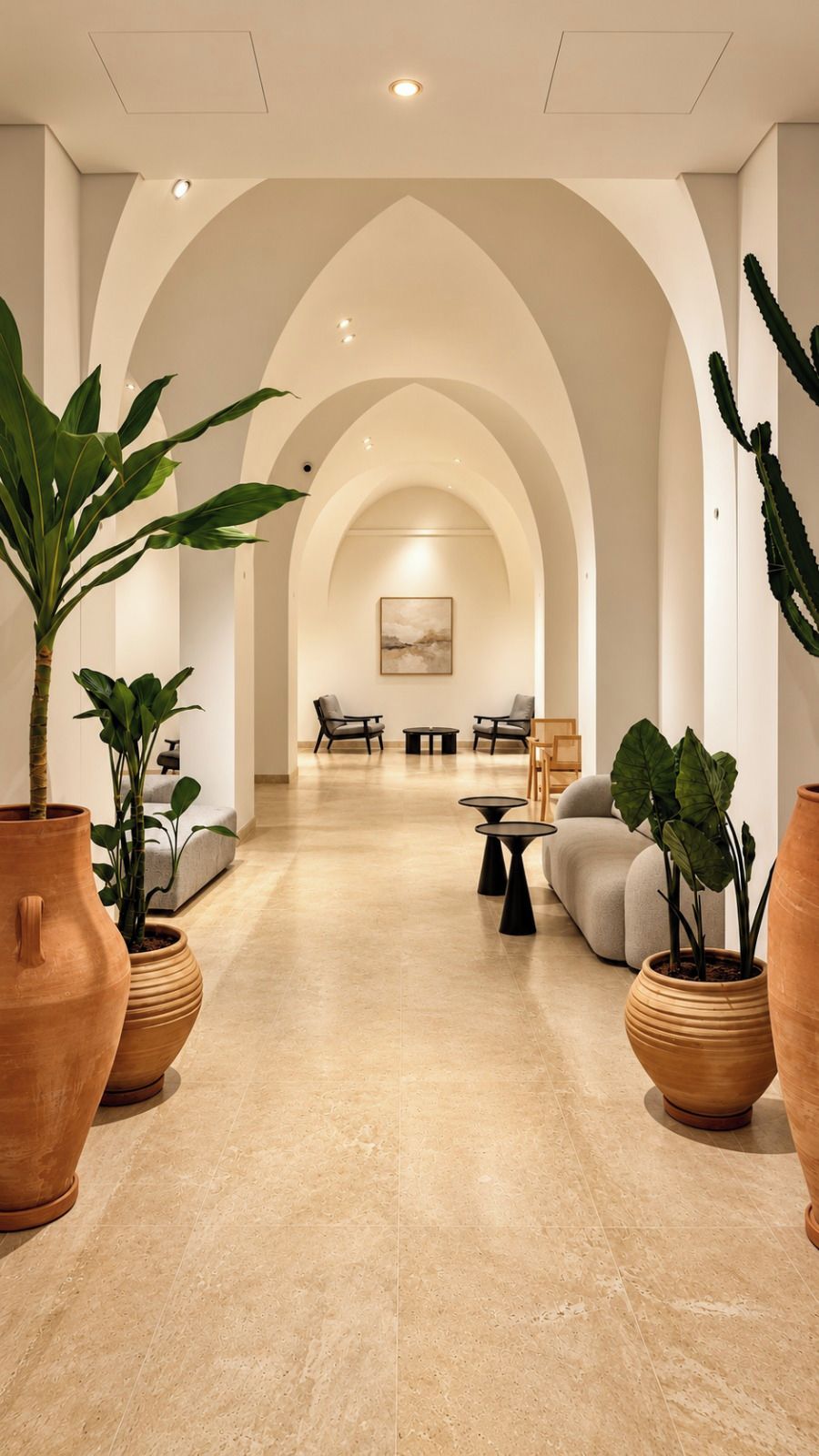 A modern interior with arched ceilings, a central seating area with sofas and tables, and large potted plants.