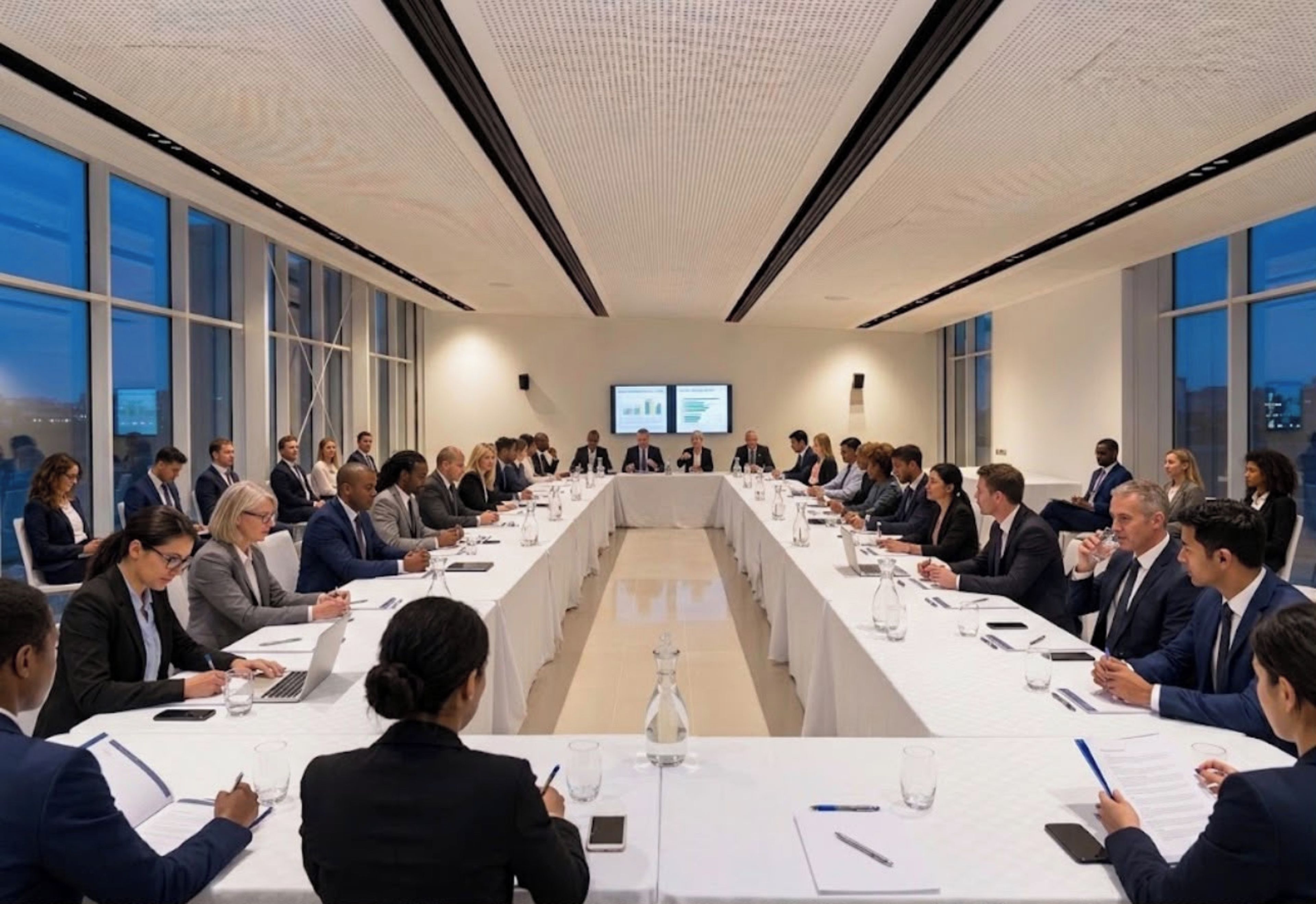 Un salón de conferencias con una larga mesa, varias sillas y una pantalla de presentación al frente.