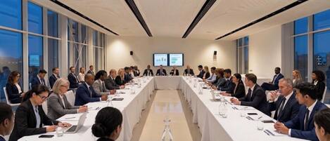 Un salón de conferencias con una larga mesa, varias sillas y una pantalla de presentación al frente.