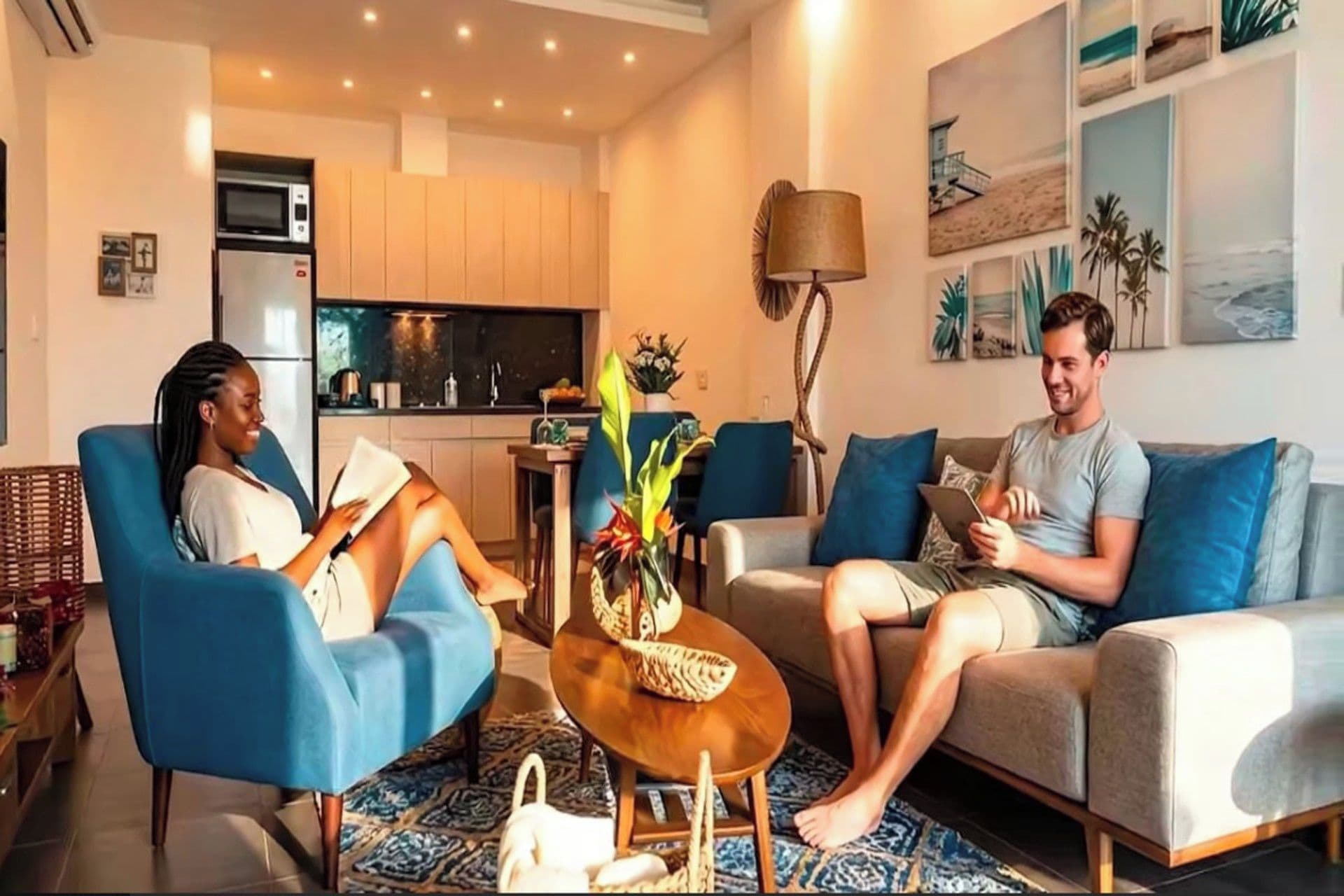 A modern living room with two sofas, a coffee table, and a dining area in the background.