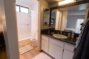 Shower, hair dryer, shampoo