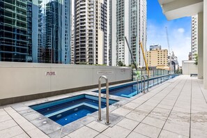 A rooftop pool with a clear view of surrounding high-rise buildings.