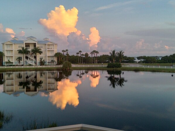 A hotel with a reflection in a calm body of water, surrounded by palm trees and a white fence.