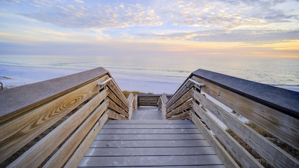 A wooden boardwalk leading to a beach with a clear view of the ocean. - Steps to 30A - Golf Cart - Kid & Friendly! (Santa Rosa Beach)