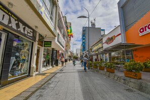 A street view with shops, a hotel, and a plaza with planters. - Hotel Mónaco Armenia (Armenia)