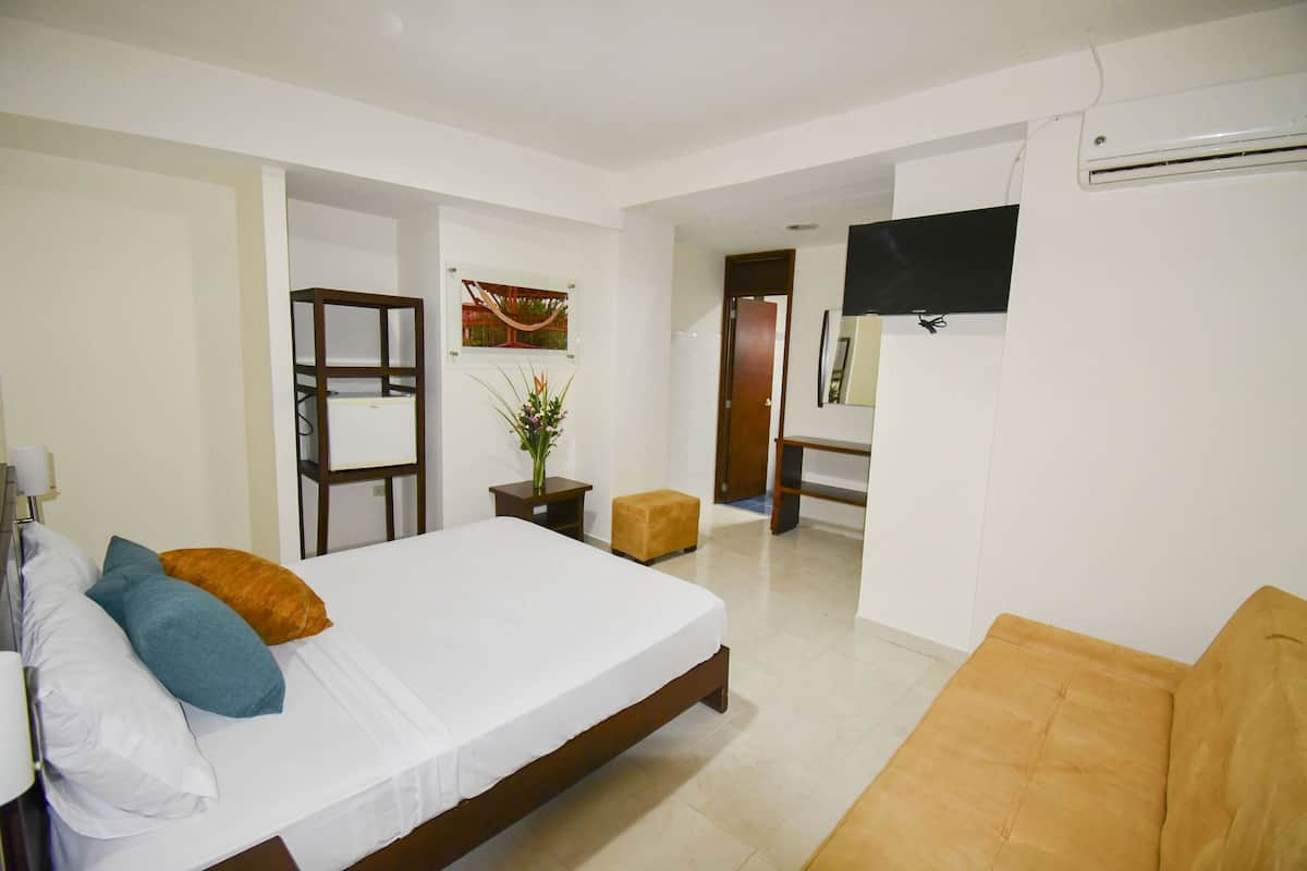 A bedroom with a bed, a sofa, a TV, a wooden cabinet, and a small table with a plant.