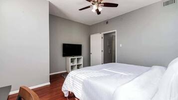 A bedroom with a bed, a ceiling fan, a TV, and a door.
