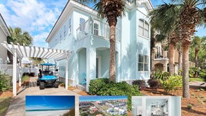 Une maison bleu clair avec un porche abrité, un petit véhicule bleu utilisé sur les terrains de golf, et une vue sur la plage.