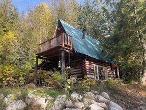 Escape to a secluded cabin surrounded by forest, featuring a spacious deck and a cozy fireplace.
