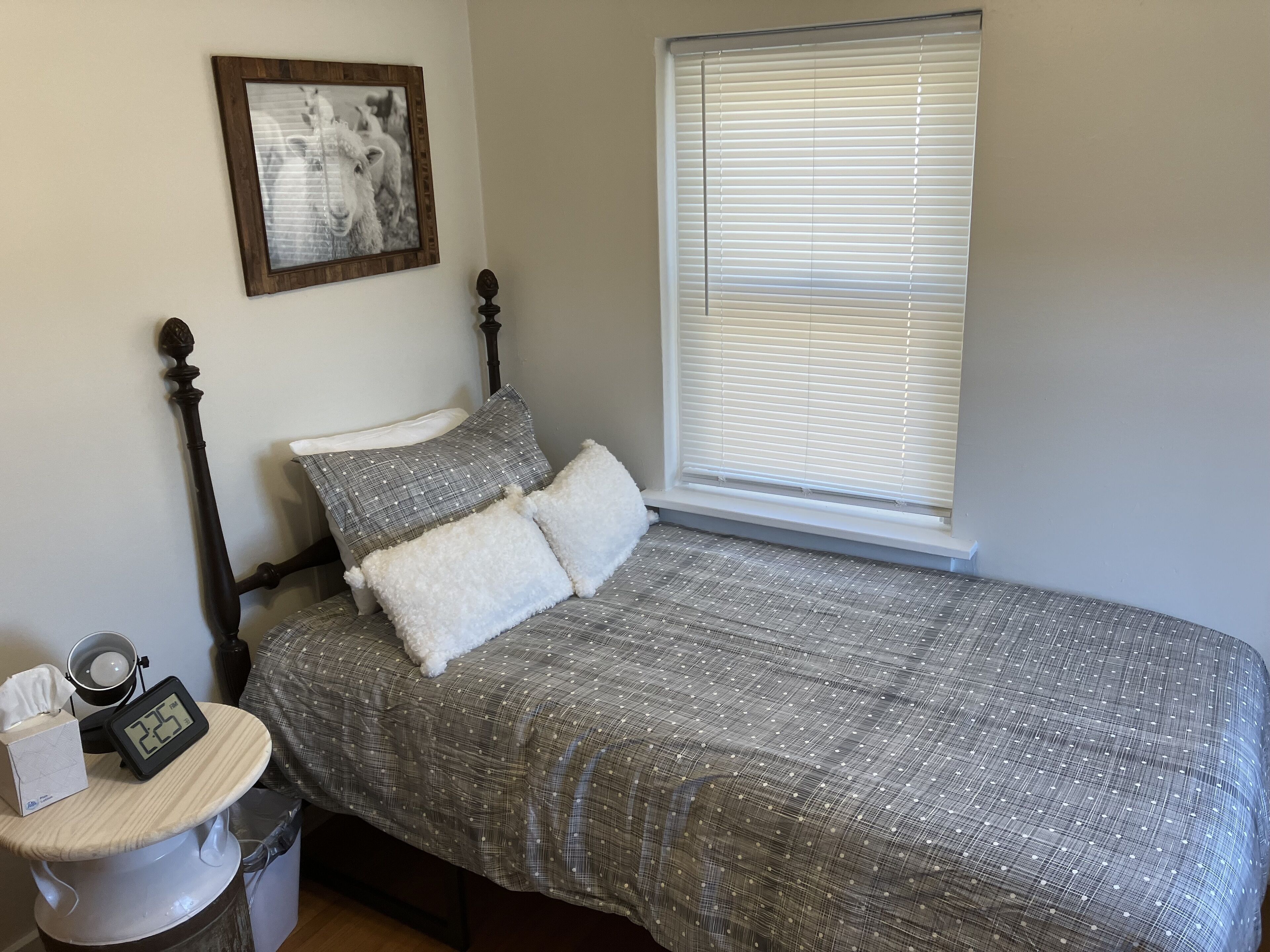 Un lit bien fait, recouvert d’une couverture à carreaux gris et blancs, avec deux oreillers, une table de chevet sur laquelle se trouvent une lampe et une horloge, et un tableau encadré accroché au mur.