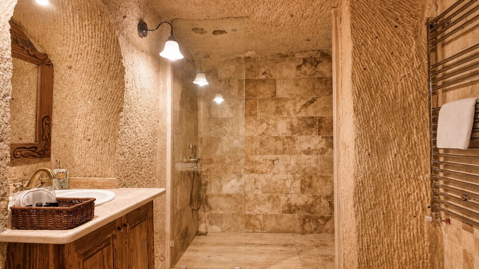 Un baño con pared de piedra, tocador de madera, lavamanos y zona de ducha.