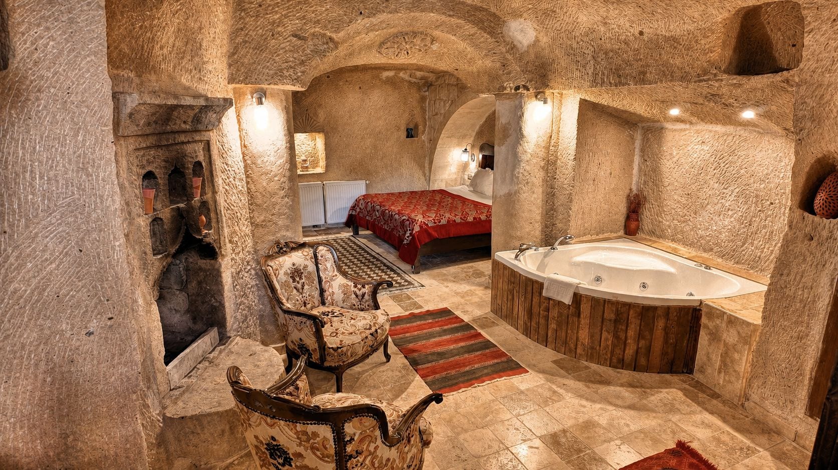 A stone-walled bathroom with a bathtub, a wooden chair, and a patterned rug.