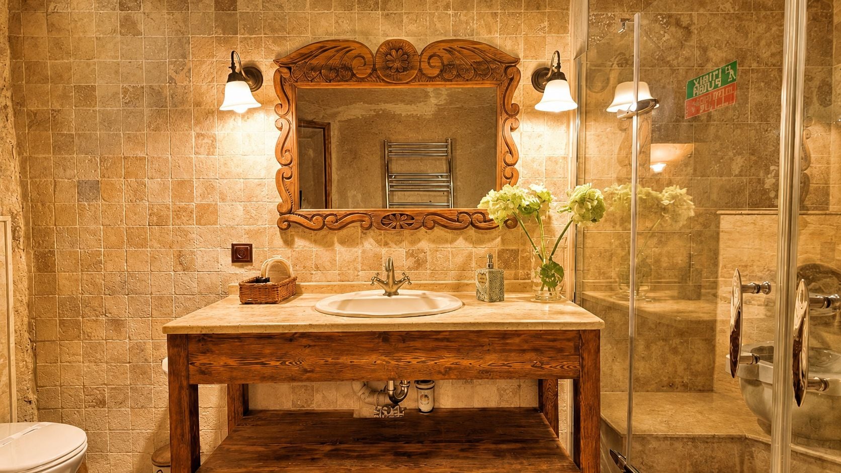 Une salle de bain avec un meuble-lavabo en bois, un grand miroir et une cabine de douche en verre.