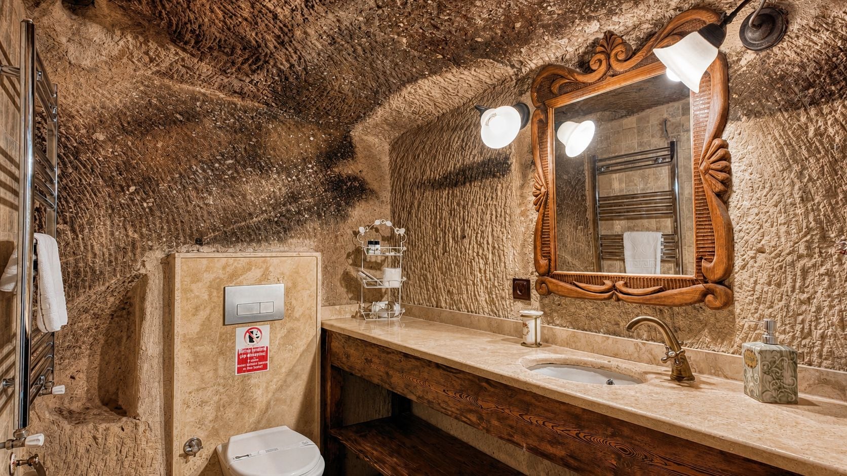 A bathroom with a textured wall, a wooden vanity, a mirror with a light, and a towel rack.