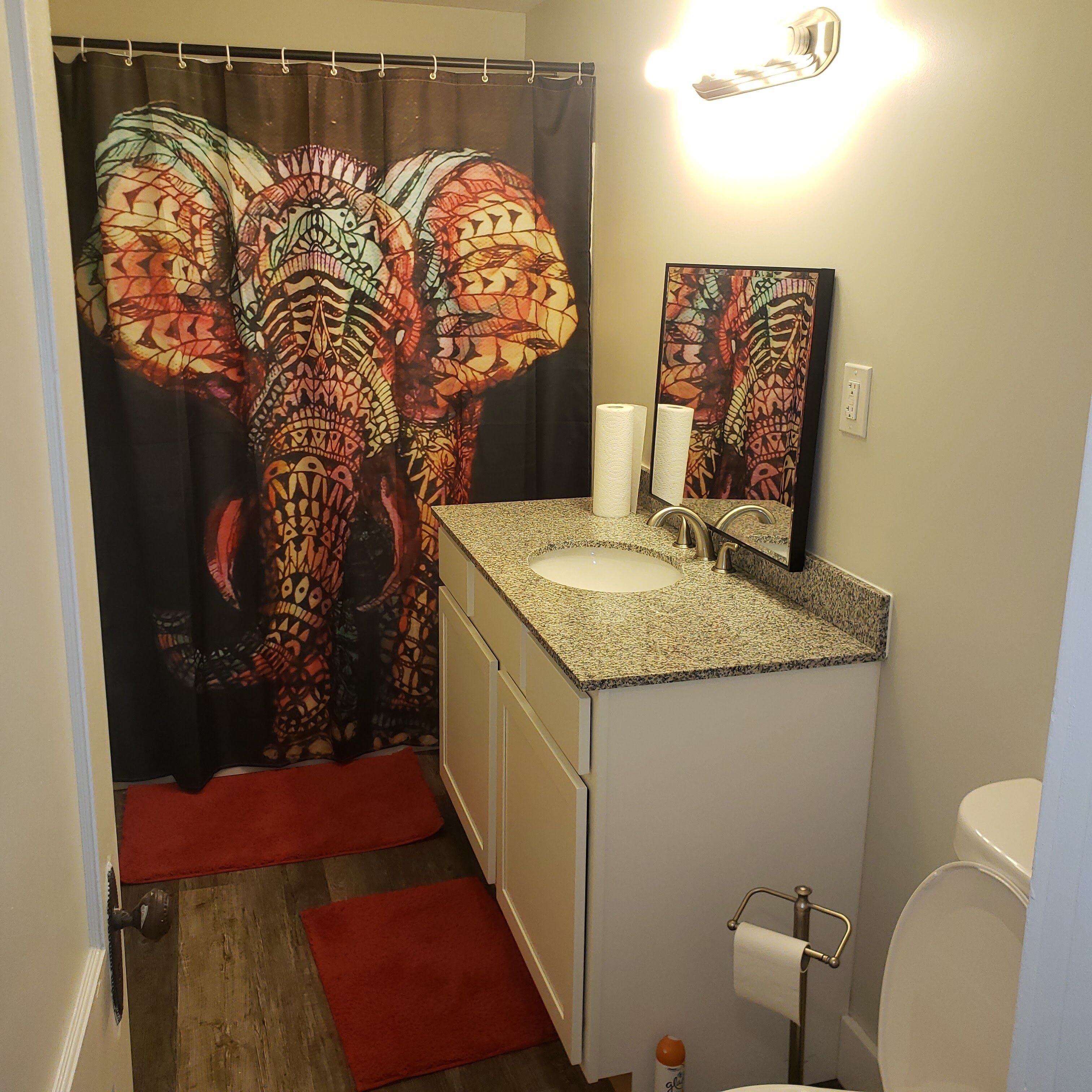 Une salle de bain avec un rideau de douche orné d’un motif coloré représentant un éléphant, un lavabo sur un plan de travail en granit, un miroir et un tapis de bain rouge.