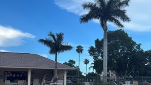 A pool with lounge chairs and palm trees, a covered seating area, and a fenced poolside. - Newly updated 2br2br+Den golf course property near airport 90-day min stay (Fort Myers)
