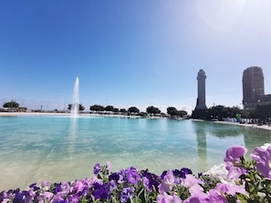 Klarer, blauer Himmel, eine Springbrunnen und ein großes Gewässer mit Blumen im Vordergrund.