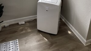 A room with a window, a white heater, a wall-mounted picture frame, and a patterned rug.