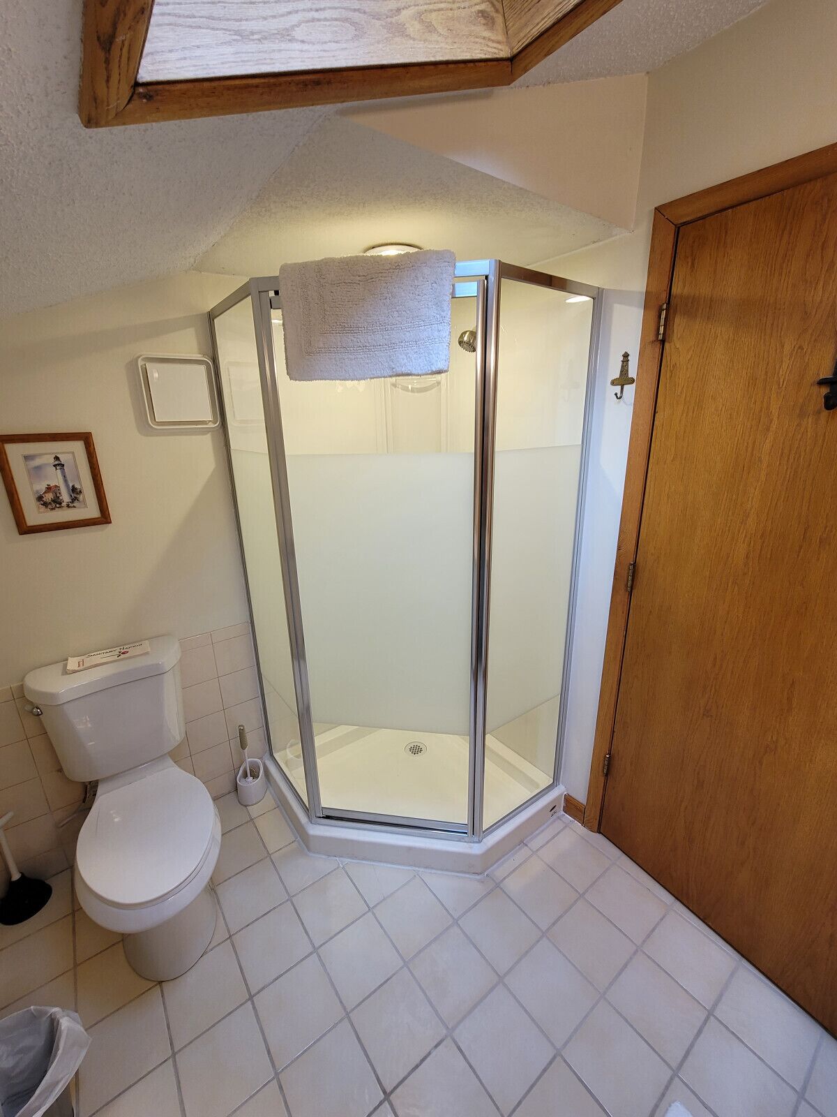 A bathroom with a glass-enclosed shower, a toilet, and a wooden door.