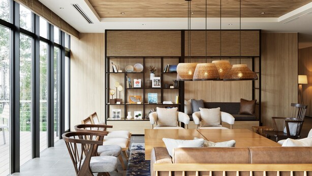 Una sala de estar moderna con una mesa de centro de madera, sofás y una estantería.