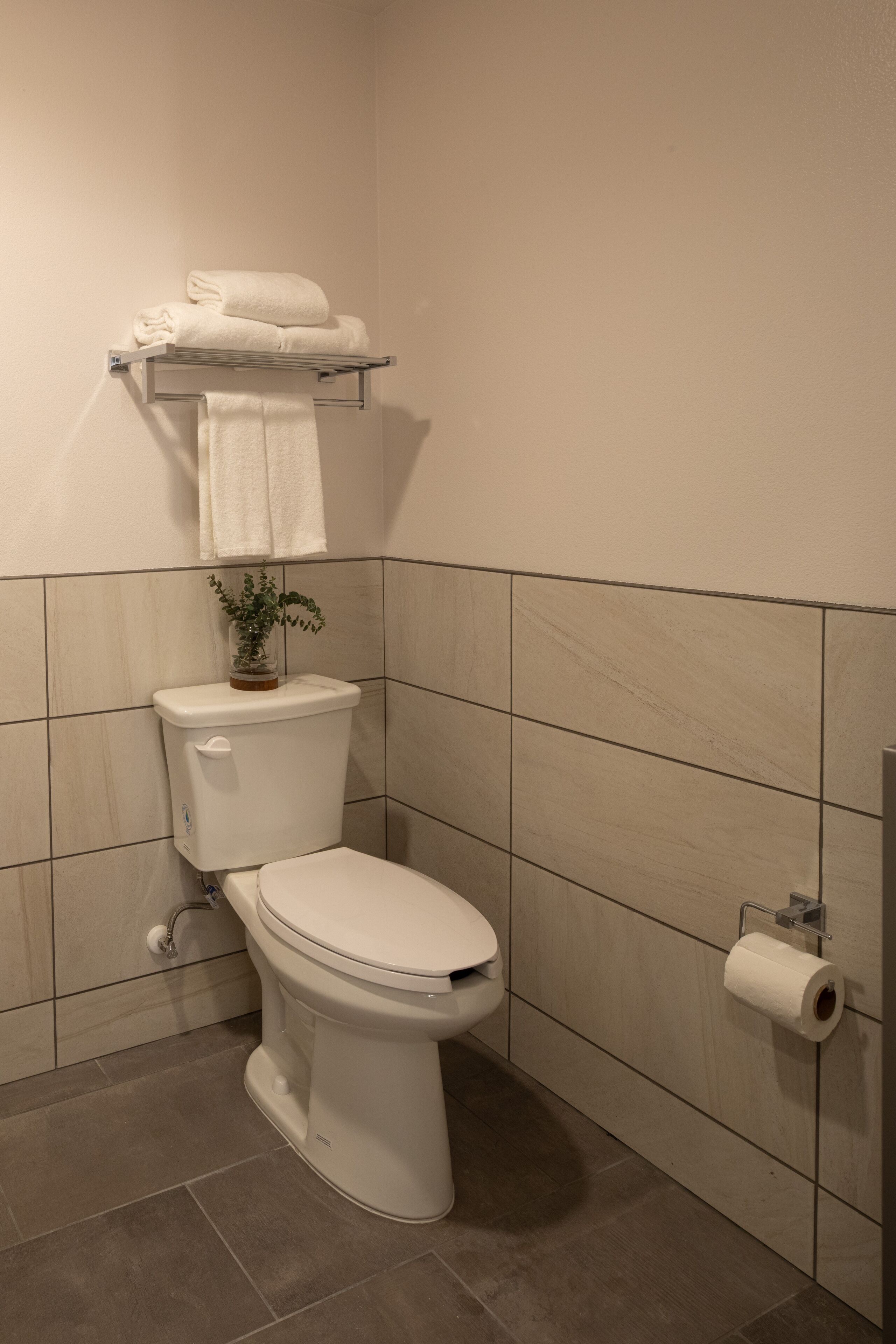 A modern bathroom with a toilet, a towel rack, and a toilet paper holder.