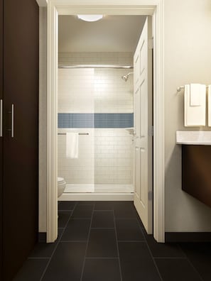 Hair dryer, towels, soap, shampoo