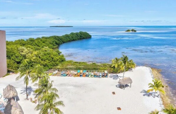 On the beach, sun loungers, beach towels