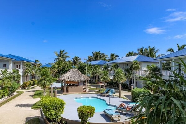 Un resort con piscina, sillas de descanso y palmeras.