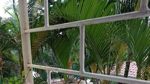 A view through a window with a white frame, looking out to a pool area surrounded by palm trees and a brick pathway. - Pousada Hits Foz (Foz do Iguaçu)