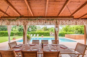 A covered outdoor dining area with a pool view, wooden tables, and chairs.