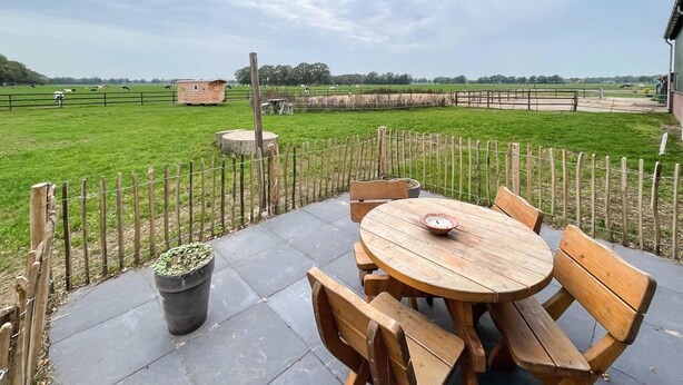 A patio with a round wooden table and benches, surrounded by a wooden fence and a view of a green field with cows.
