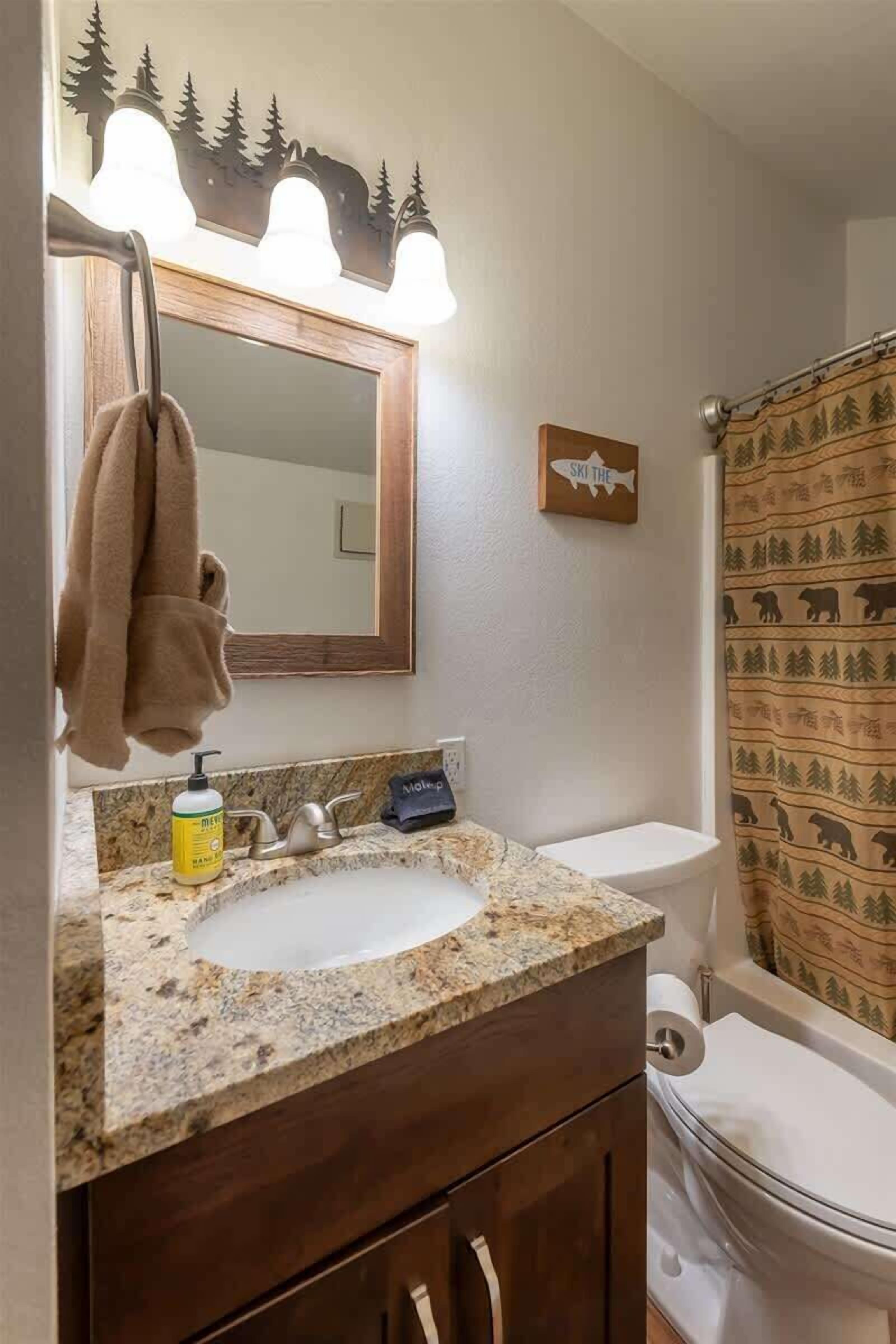 A bathroom with a granite sink, a mirror with lights, a towel rack, a toilet, and a shower curtain with a forest pattern.