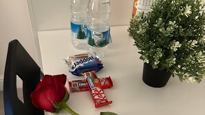 Una mesa con una rosa, una planta en maceta, dos botellas de agua, un paquete de aperitivos y un spray desinfectante.