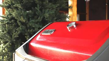 Un objeto rojo con una rejilla y una placa metálica, posiblemente una parrilla, frente a un arbusto verde.