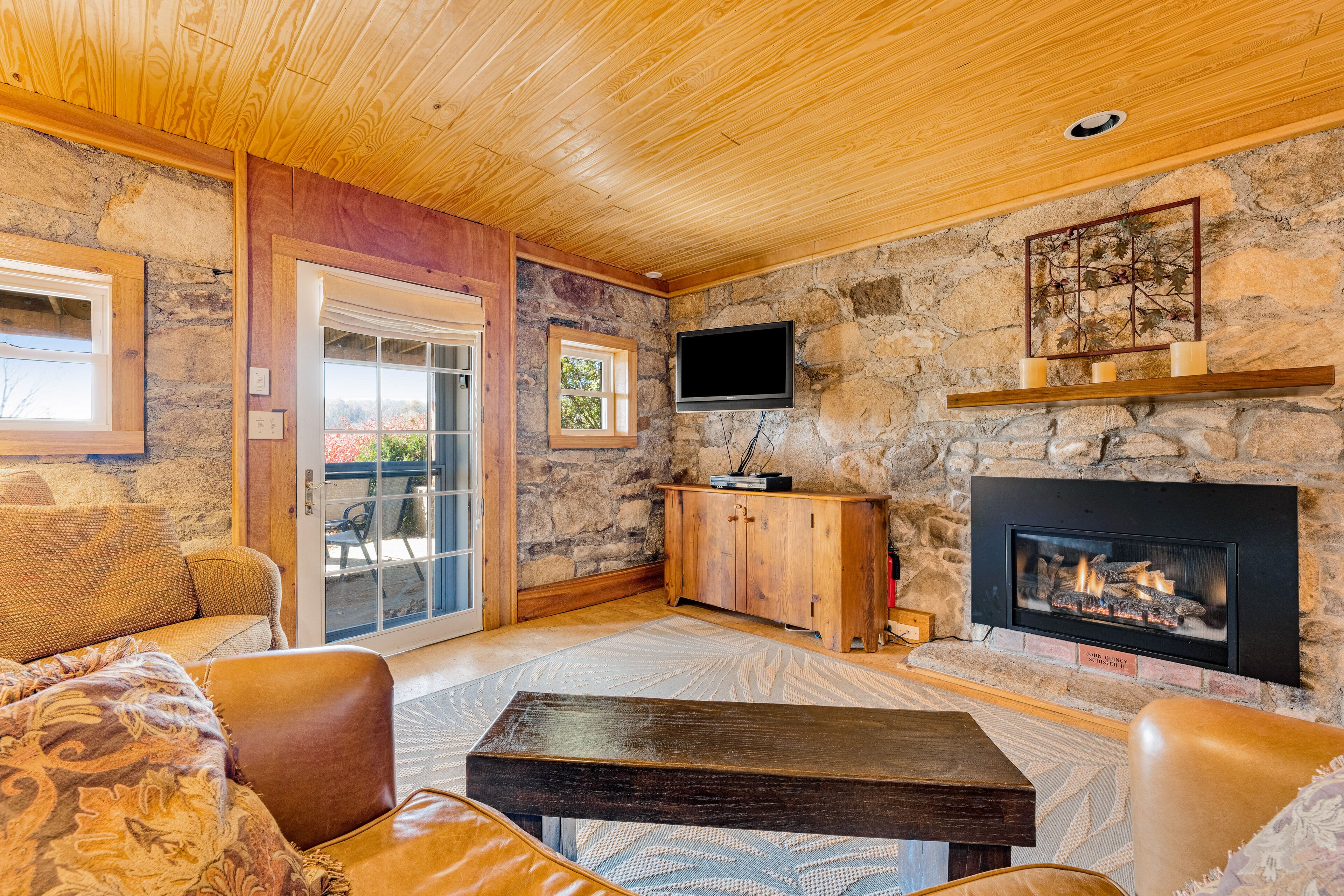 Televisión, chimenea, reproductor de DVD y libros 