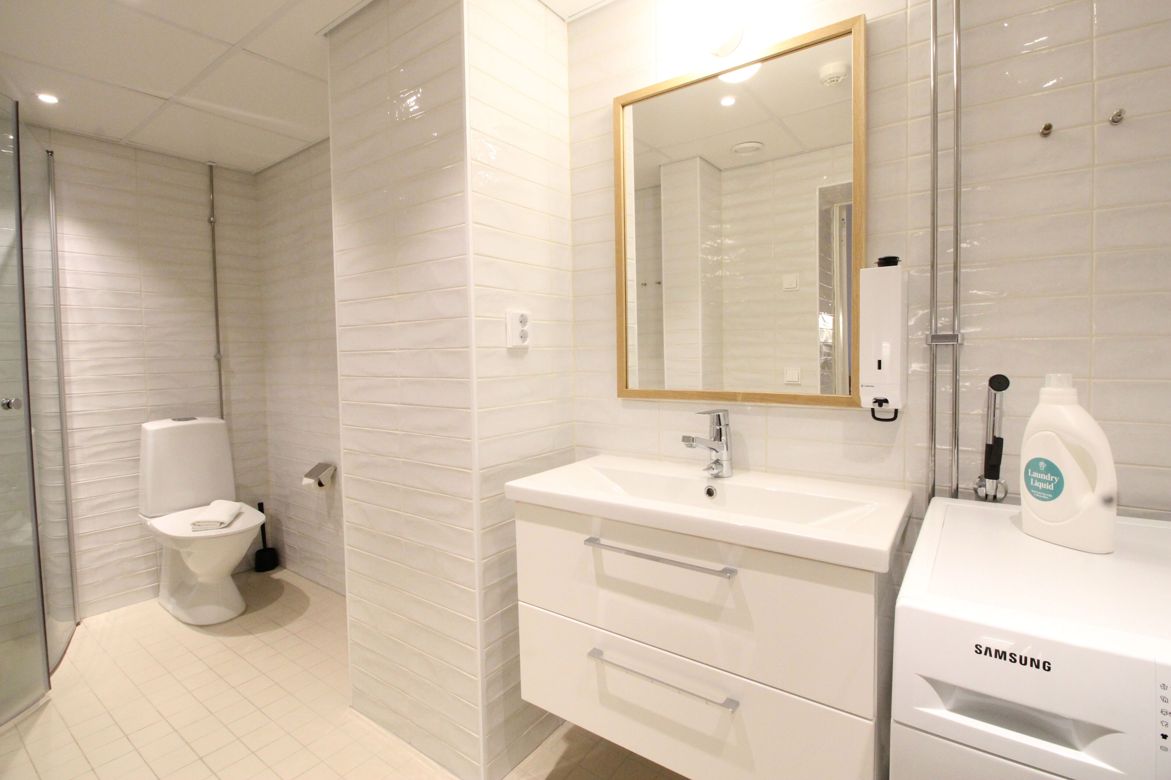 A modern bathroom with a toilet, a sink with a mirror, and a shower area.