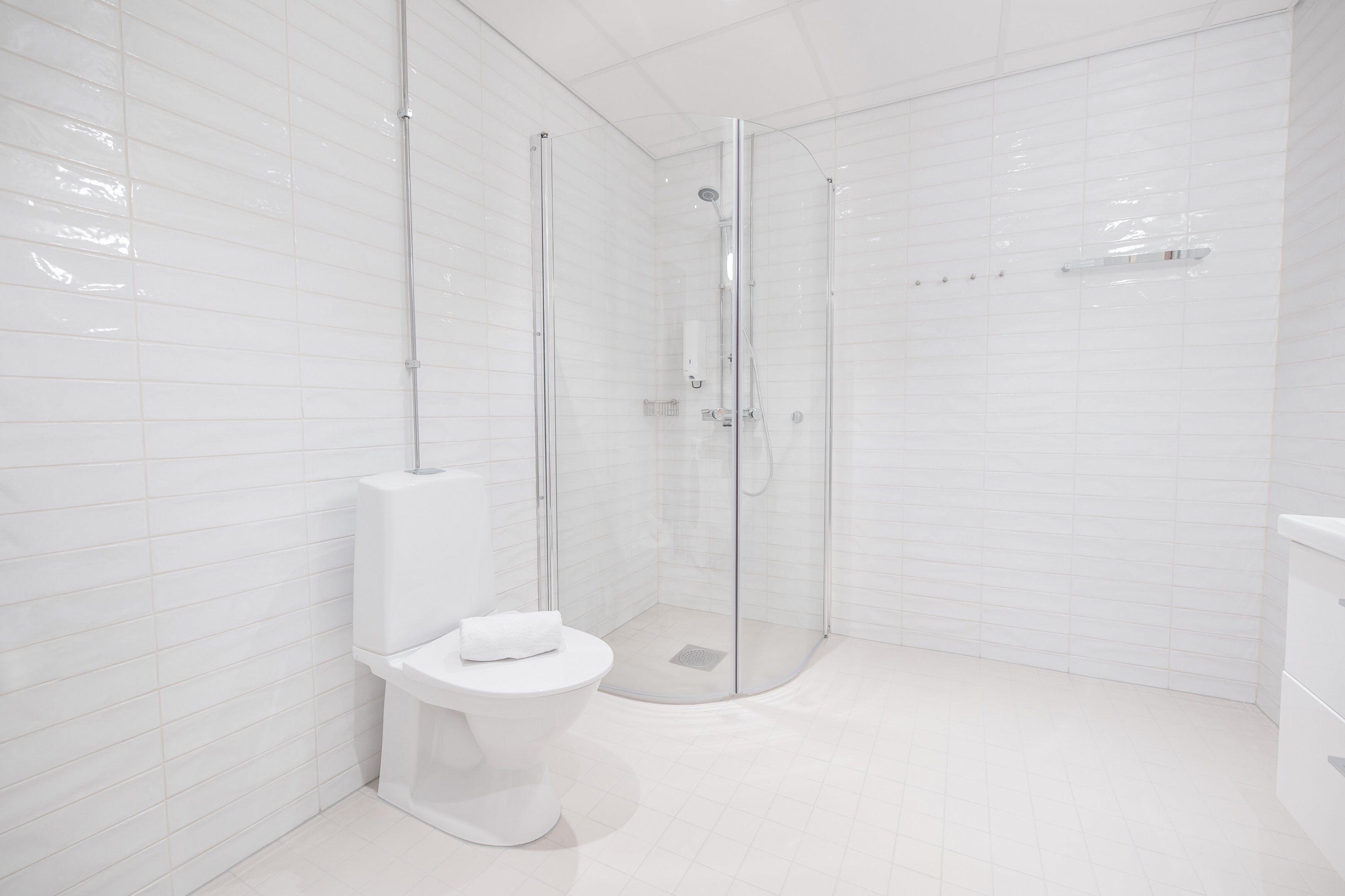 A modern bathroom with a glass-enclosed shower, a white toilet, and a white sink.