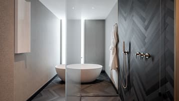 Rainfall showerhead, hair dryer, bathrobes, slippers