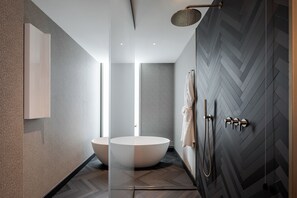 Rainfall showerhead, hair dryer, bathrobes, slippers