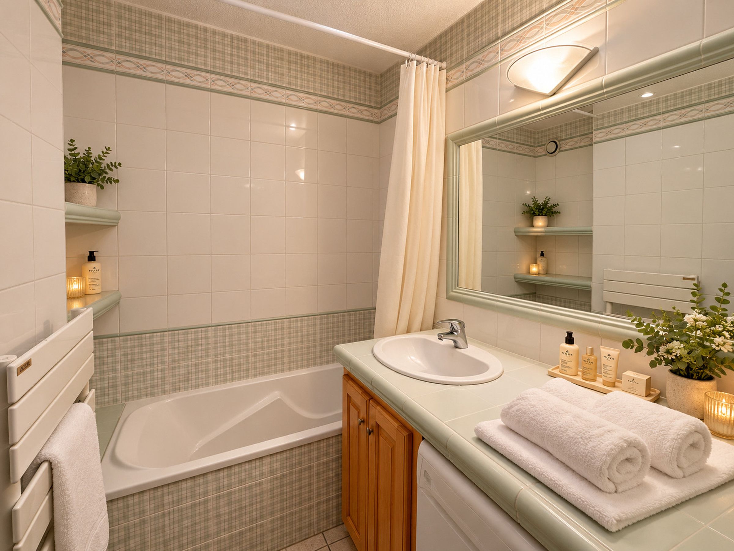 A bathroom with a bathtub, sink, mirror, and toiletries.