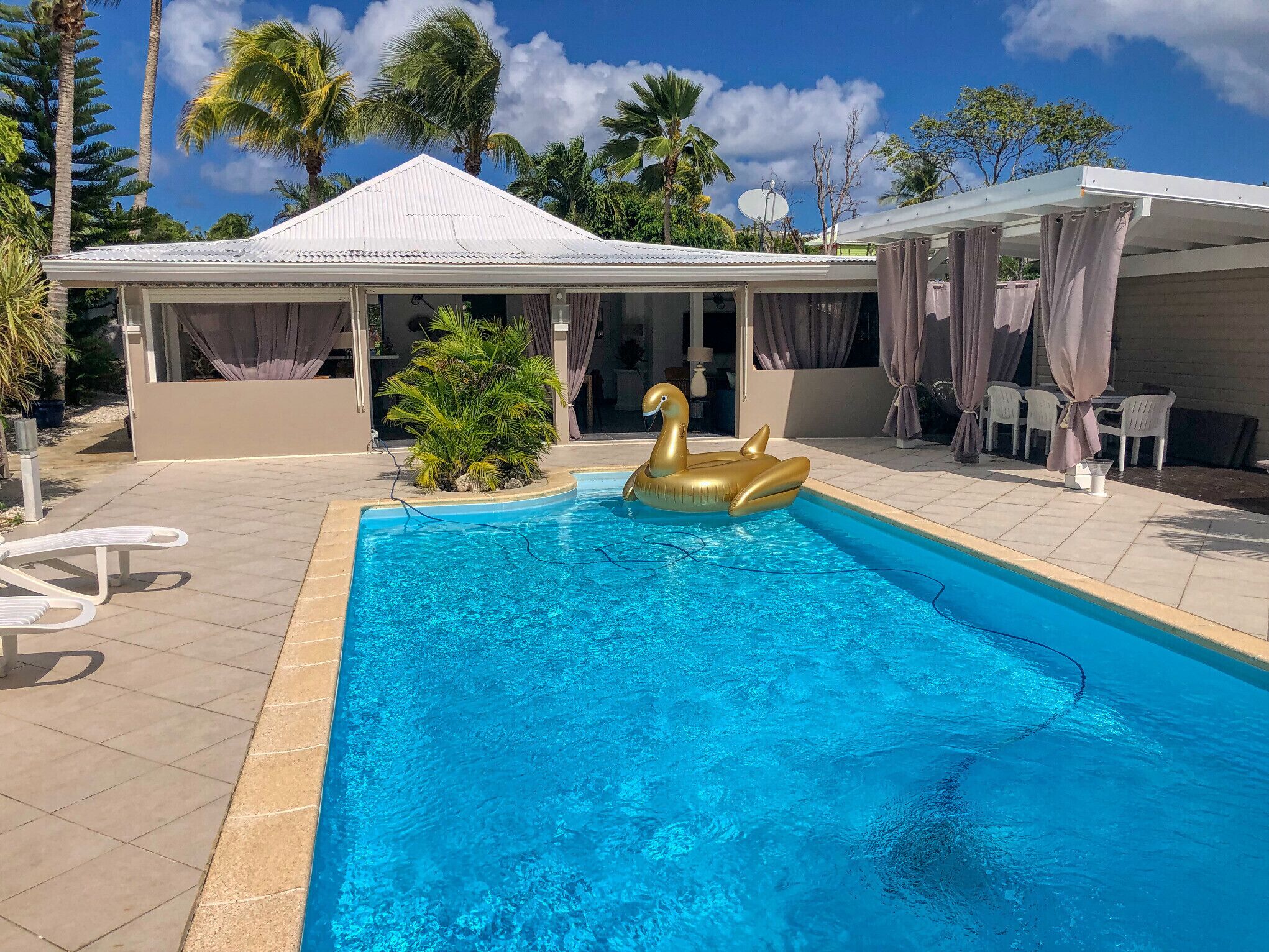 A swimming pool with a swan float, surrounded by a covered patio area with chairs and a small palm tree.