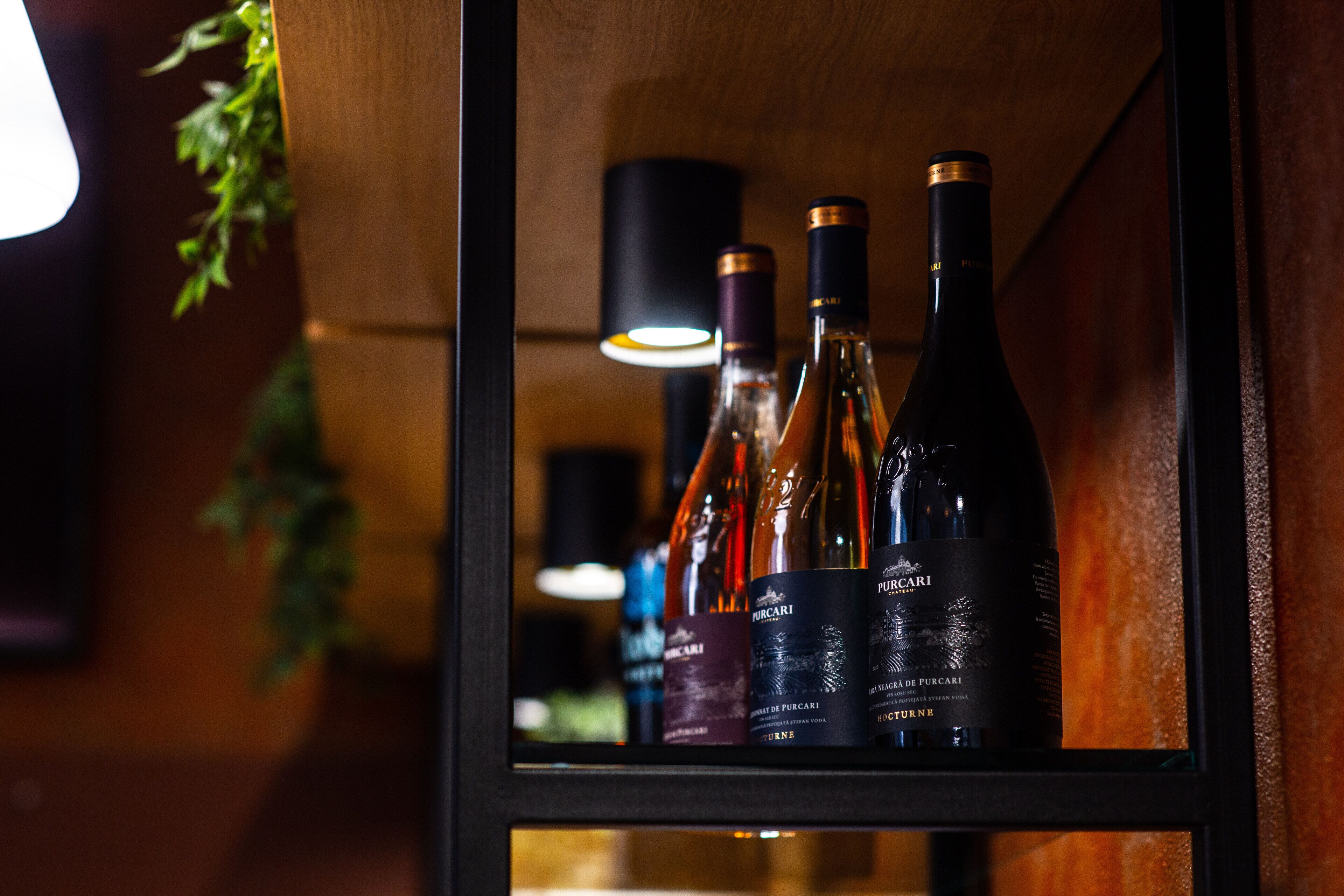 Una botellera con varias botellas de vino, incluyendo una botella etiquetada 'Purocari'.